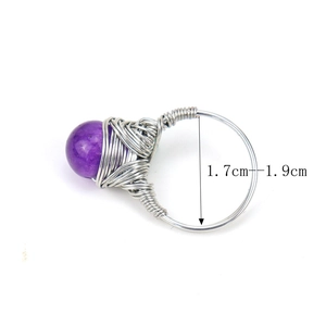 Handmade silver wire wrapped ring with natural purple amethyst bead and size dimensions