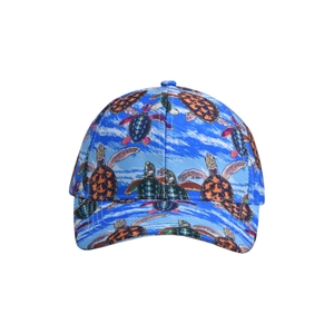 Detailed view of the all-over sea turtle print and ocean patterns on the baseball cap