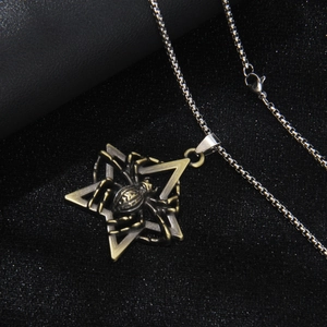 Vintage stainless steel necklace with hexagram star and spider pendant on black leather