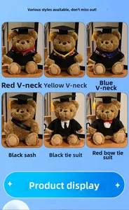 Detail view of graduation teddy bears in various academic outfits and colorful sashes