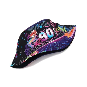Close-up of 90s vintage print bucket hat featuring bold retro graphics and typography