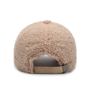 Rear view of warm beige fleece baseball cap with adjustable metal buckle strap