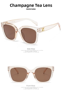 Detail of vintage square champagne sunglasses with golden C metal decor and tea lenses