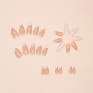 French tip almond press-on nails with white marble design and nude base finish