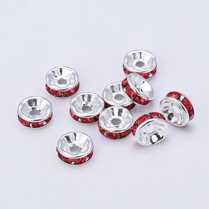 DIY silver metal rondelle spacer beads with red rhinestones for bracelet making
