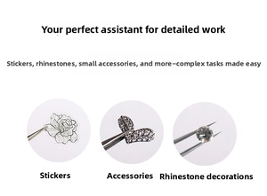 Close-up of dual-use precision nail tweezers picking up stickers and rhinestones