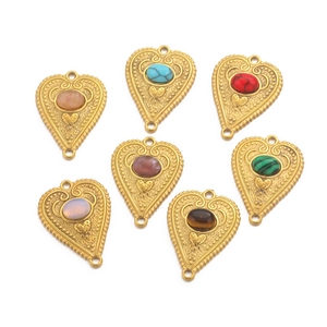 Golden stainless steel heart pendants set with multi-color oval gemstones for DIY jewelry