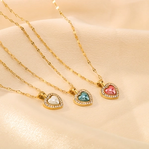 Heart Pendant Necklace Stainless Steel 18K Gold Plated Colorful Enamel Rhinestone Halo Fashion Jewelry For Women