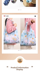 Foldable grocery bag with various patterns showing storage size and crossbody use