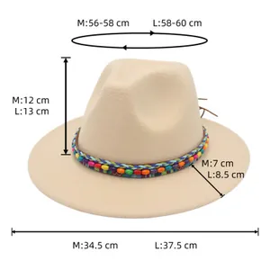 Guide des tailles détaillé pour chapeau fedora beige avec ruban tissé arc-en-ciel