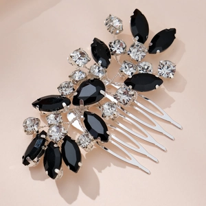Detailed view of handmade silver bridal hair comb with black and clear crystals