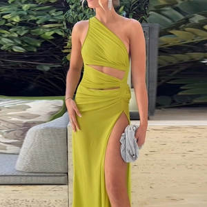 Elegant grass green one-shoulder maxi dress with waist cutout and high leg slit detail