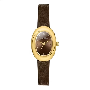 Élégante montre à quartz ovale pour femme avec bracelet en cuir marron et boîtier doré