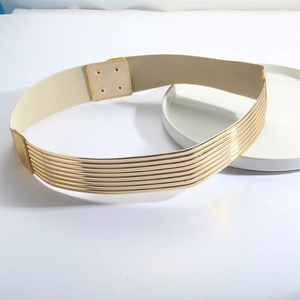 Detail of gold metal bars on elastic waist belt with secure four-button snap closure