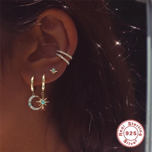 925 sterling silver gold ear cuff and moon star drop earrings with opal and zircon