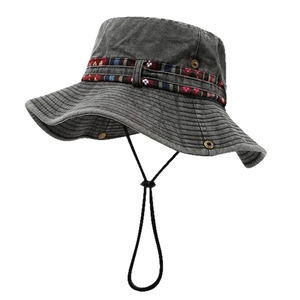 Dark gray cowboy sun hat with ethnic woven band and adjustable windproof chin strap