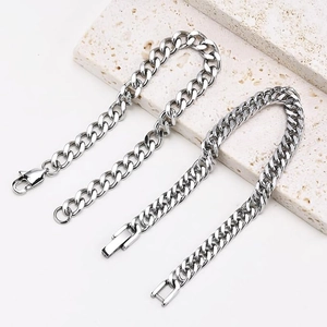 Mens silver stainless steel cuban chain bracelet set with lobster and folding clasp