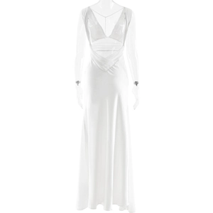 Detail view of white satin backless dress featuring elegant draped cowl and fine chain link