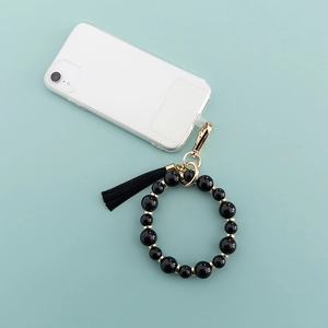 Porte-clés bracelet en perles avec pompon noir et fermoir doré pour téléphone