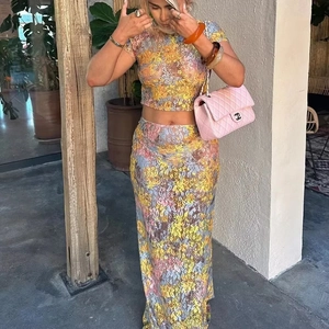 Women's summer floral lace two-piece set with crop top and high-waisted maxi skirt