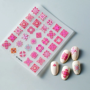 5D embossed bohemian flower nail stickers with pink mandala patterns on white tips
