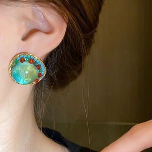 Vintage style geometric round stud earrings with green resin stone and colorful crystals