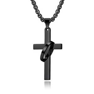 Polished black stainless steel cross and ring pendant necklace with bead chain on white