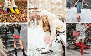 Collage of colorful knit leg warmers shown on models in various winter settings
