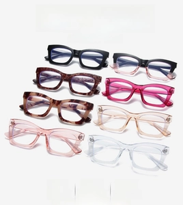 Matrix display of eight stylish square frame glasses in various colors and patterns