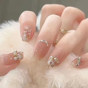 Handmade Press On Nails Brown Cat Eye Gradient With Artificial Pearl Rhinestone Elegant French Style For Women False Nails