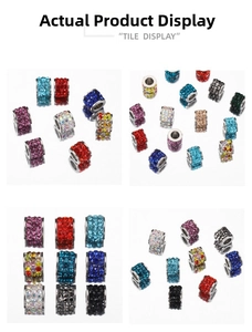 Macro view of stainless steel spacer beads with colorful pavé rhinestones in multi-colors