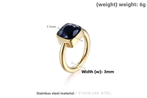 Detailed size specifications of gold stainless steel ring with 11mm square black zircon