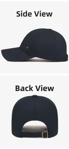 Detail view of navy blue baseball cap showing side SPORT embroidery and rear metal buckle