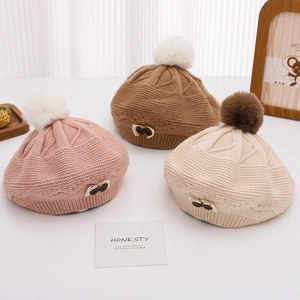 Kids Knitted Beret Hat Winter Warm Sweet Princess Polyester With Bow And Pom Pom For Toddler Girls