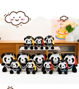 Cute graduation panda plush toys wearing academic gowns and caps with colorful tassels