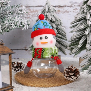 Cute snowman Christmas candy jar with transparent container and knitted blue winter hat