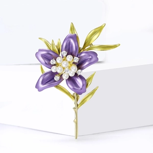 Exquisite purple lily brooch with enamel, gold leaves, pearls, and diamonds for women