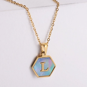 Hexagon gold necklace with blue shell inlay and capital letter L pendant charm