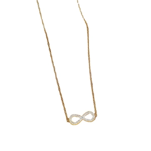 Minimalist gold infinity necklace with pavé zircon stones on a delicate steel chain