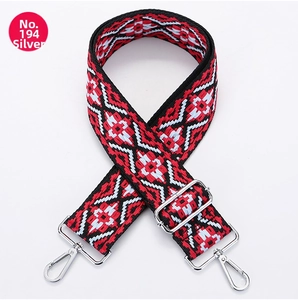 Close-up of ethnic geometric pattern canvas bag strap with silver metal swivel hooks