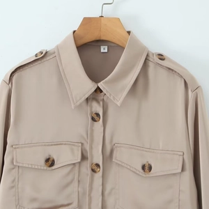 Elegant khaki satin long sleeve shirt with classic collar, epaulettes and double chest pockets