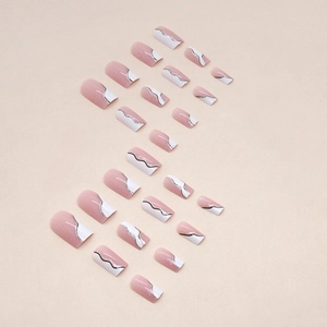 Minimalist white ripple and black line pattern square fake nails with silver glitter