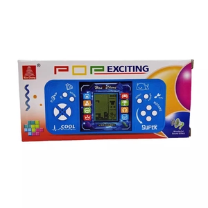 Klassieke blauwe retro handheld Tetris spelcomputer in hoogwaardige winkelverpakking