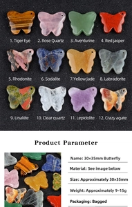 Detailed grid of 12 natural crystal butterfly carvings in various polished gemstones