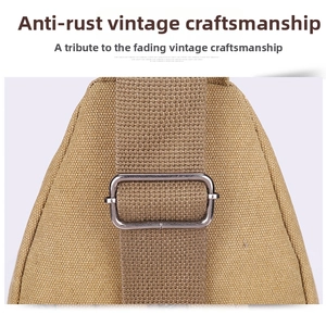 Detailed close-up of khaki canvas texture and vintage anti-rust metal buckle on chest bag