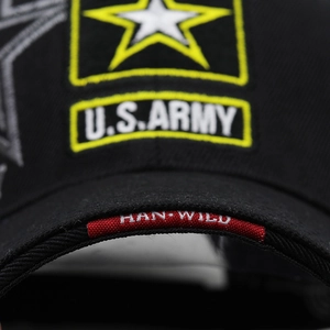 Black U.S. Army baseball cap with yellow star embroidery and durable cotton twill fabric