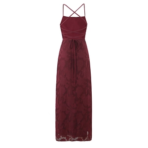 Elegant wine red backless maxi dress with floral jacquard texture and lace-up straps