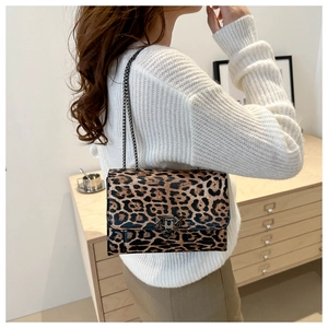 Detail of leopard print underarm bag with chain strap and triangular metal buckle
