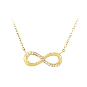 Elegant gold infinity necklace with half micro-pave cubic zirconia on an O-chain