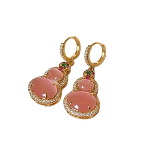 Elegant 14k gold plated gourd drop earrings with pink stones and white cubic zirconia